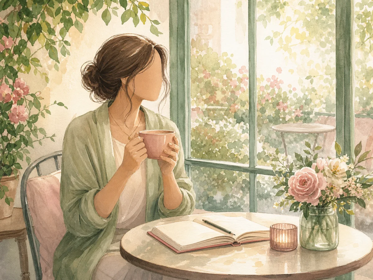 庭を眺めながら温かい飲み物で自分をいたわるイラスト