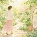 庭を歩き鏡の中の自分と穏やかに向き合うイラスト
