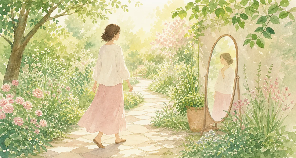 庭を歩き鏡の中の自分と穏やかに向き合うイラスト